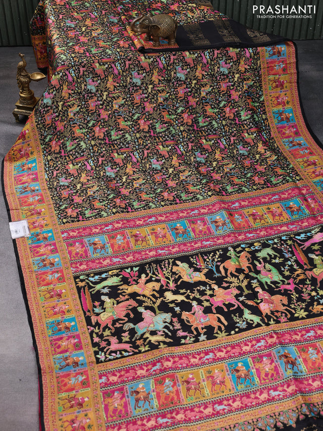 Banarasi silk saree black and pink with allover position prints and printed border