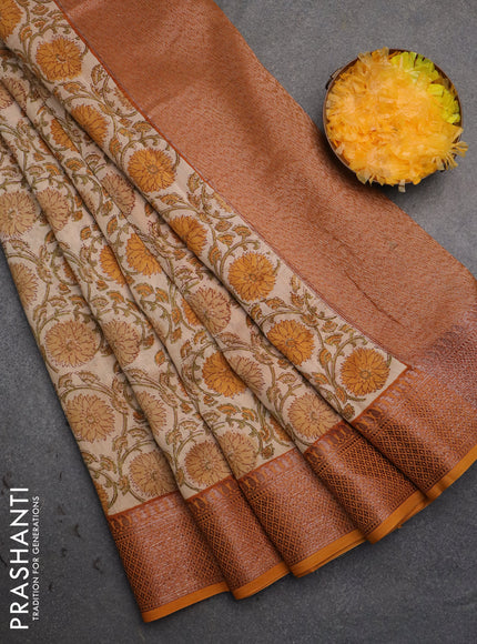 Chanderi silk cotton saree cream and mustard yellow with allover floral prints and banarsi style border