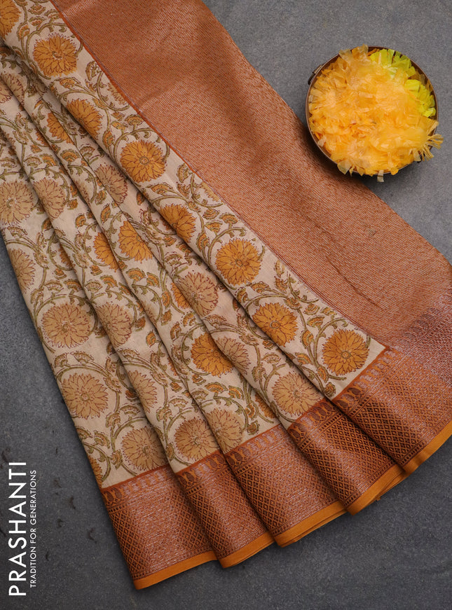 Chanderi silk cotton saree cream and mustard yellow with allover floral prints and banarsi style border