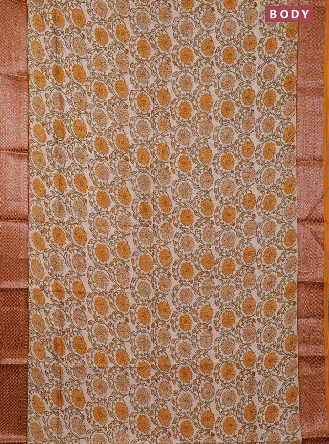 Chanderi silk cotton saree cream and mustard yellow with allover floral prints and banarsi style border