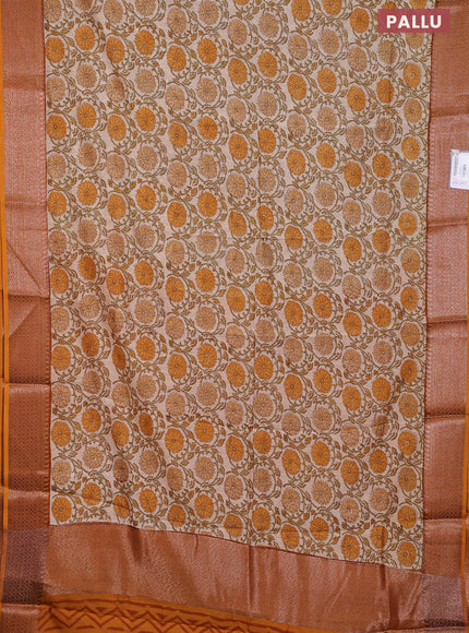 Chanderi silk cotton saree cream and mustard yellow with allover floral prints and banarsi style border