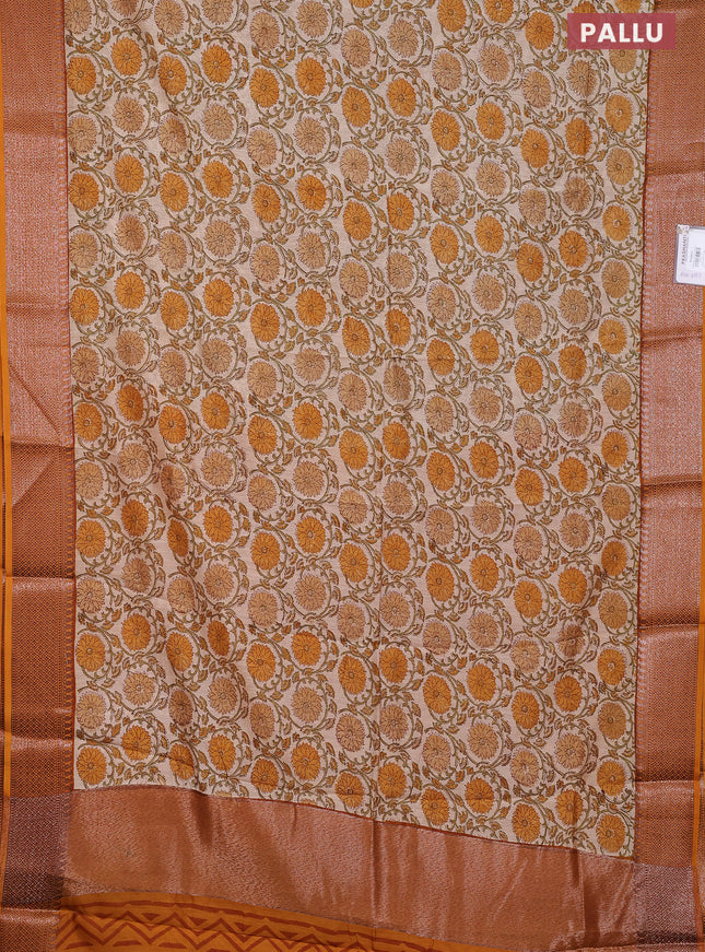Chanderi silk cotton saree cream and mustard yellow with allover floral prints and banarsi style border