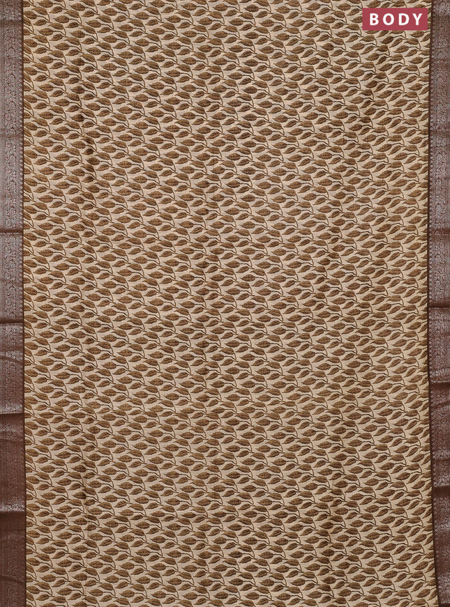 Chanderi silk cotton saree cream and mehendi green with allover leaf prints and banarsi style border