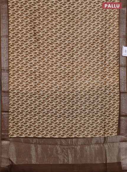 Chanderi silk cotton saree cream and mehendi green with allover leaf prints and banarsi style border