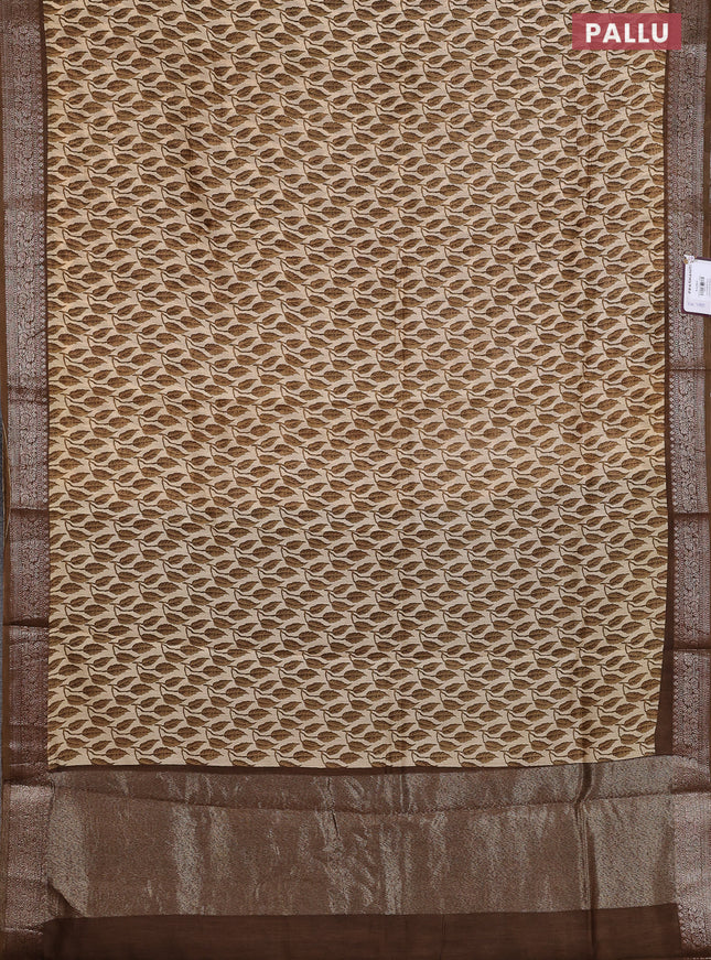 Chanderi silk cotton saree cream and mehendi green with allover leaf prints and banarsi style border