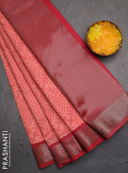 Chanderi silk cotton saree peach pink and maroon shade with allover bandhini prints and banarsi style border