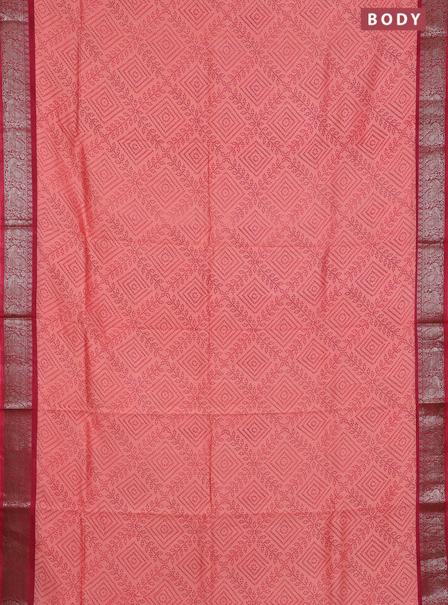 Chanderi silk cotton saree peach pink and maroon shade with allover bandhini prints and banarsi style border
