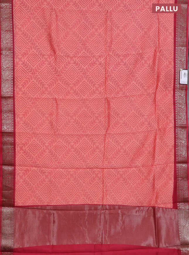 Chanderi silk cotton saree peach pink and maroon shade with allover bandhini prints and banarsi style border