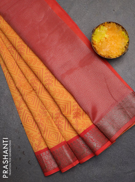 Chanderi silk cotton saree mango yellow and red with allover bandhini prints and banarsi style border