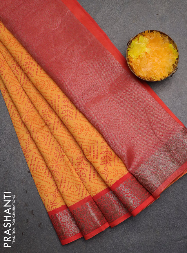 Chanderi silk cotton saree mango yellow and red with allover bandhini prints and banarsi style border