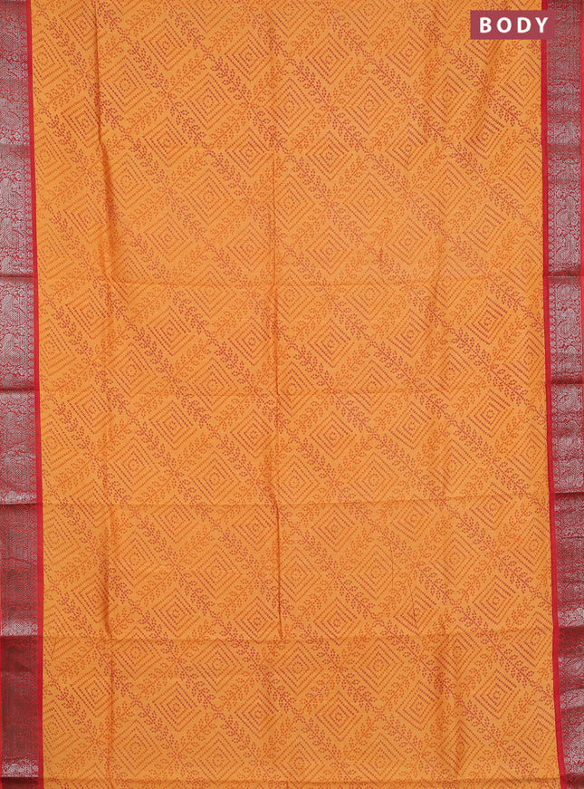 Chanderi silk cotton saree mango yellow and red with allover bandhini prints and banarsi style border