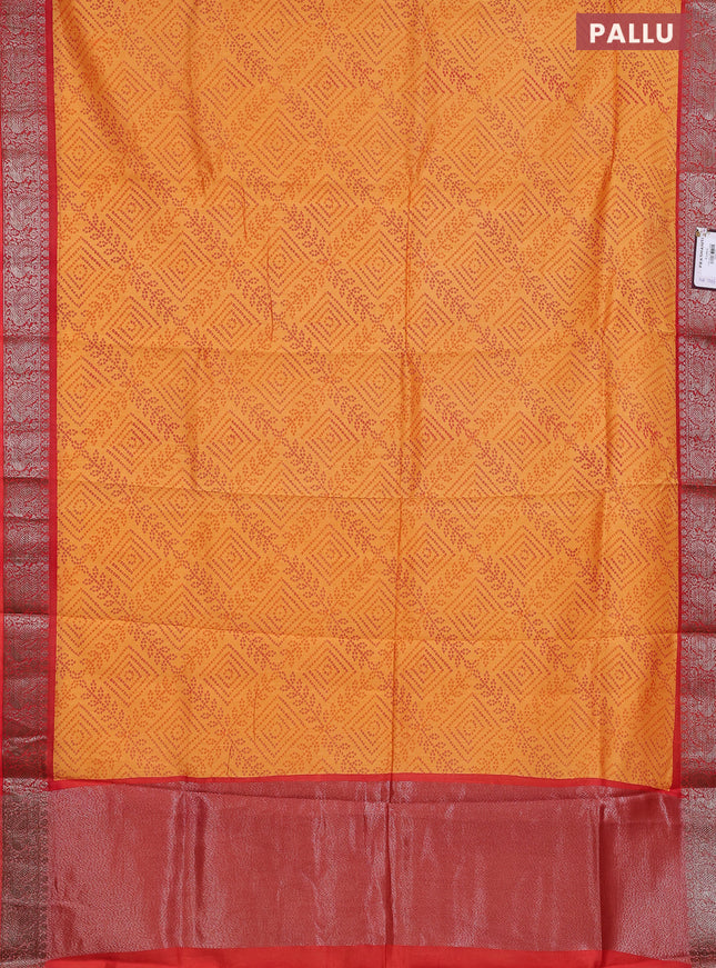 Chanderi silk cotton saree mango yellow and red with allover bandhini prints and banarsi style border