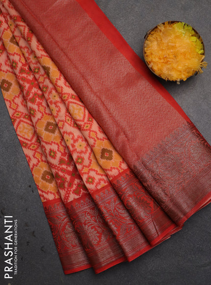 Chanderi silk cotton saree pale orange and red shade with allover ikat prints and banarsi style border