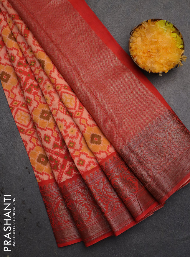 Chanderi silk cotton saree pale orange and red shade with allover ikat prints and banarsi style border