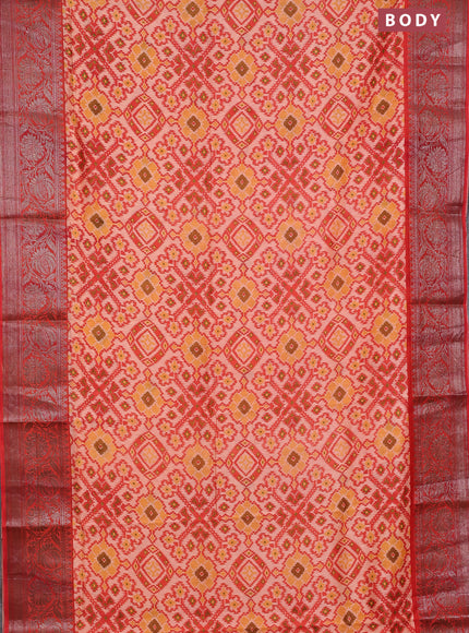 Chanderi silk cotton saree pale orange and red shade with allover ikat prints and banarsi style border