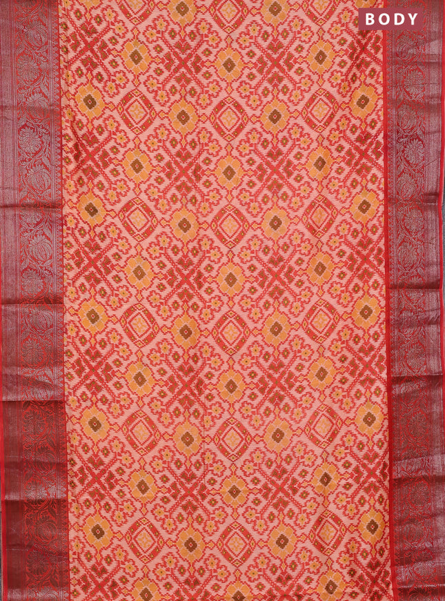 Chanderi silk cotton saree pale orange and red shade with allover ikat prints and banarsi style border
