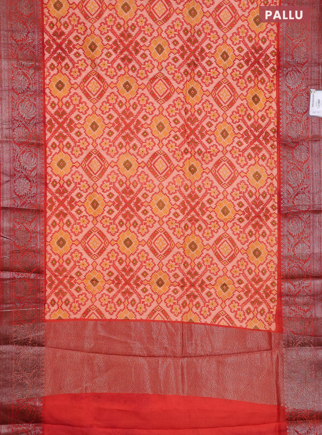 Chanderi silk cotton saree pale orange and red shade with allover ikat prints and banarsi style border