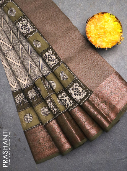 Chanderi silk cotton saree beige and sap green with allover prints and banarsi style border