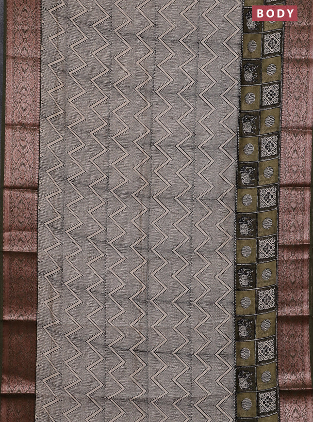 Chanderi silk cotton saree beige and sap green with allover prints and banarsi style border