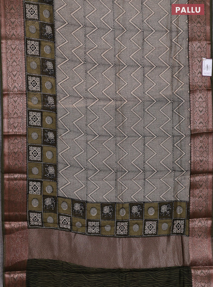 Chanderi silk cotton saree beige and sap green with allover prints and banarsi style border
