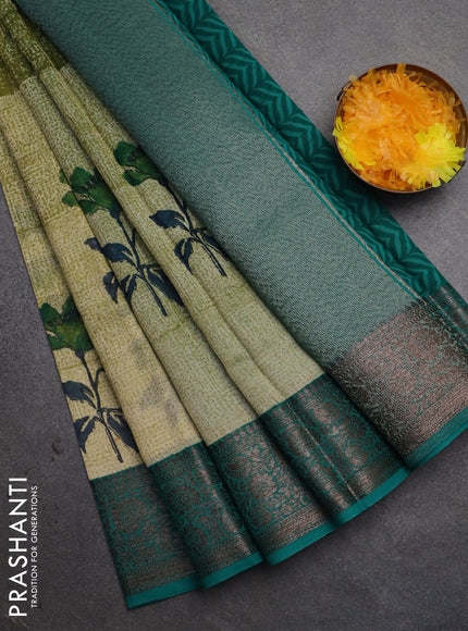Chanderi silk cotton saree sap green shade and teal blue witha allover prints and banarasi style border