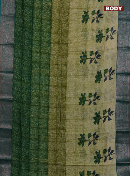 Chanderi silk cotton saree sap green shade and teal blue witha allover prints and banarasi style border