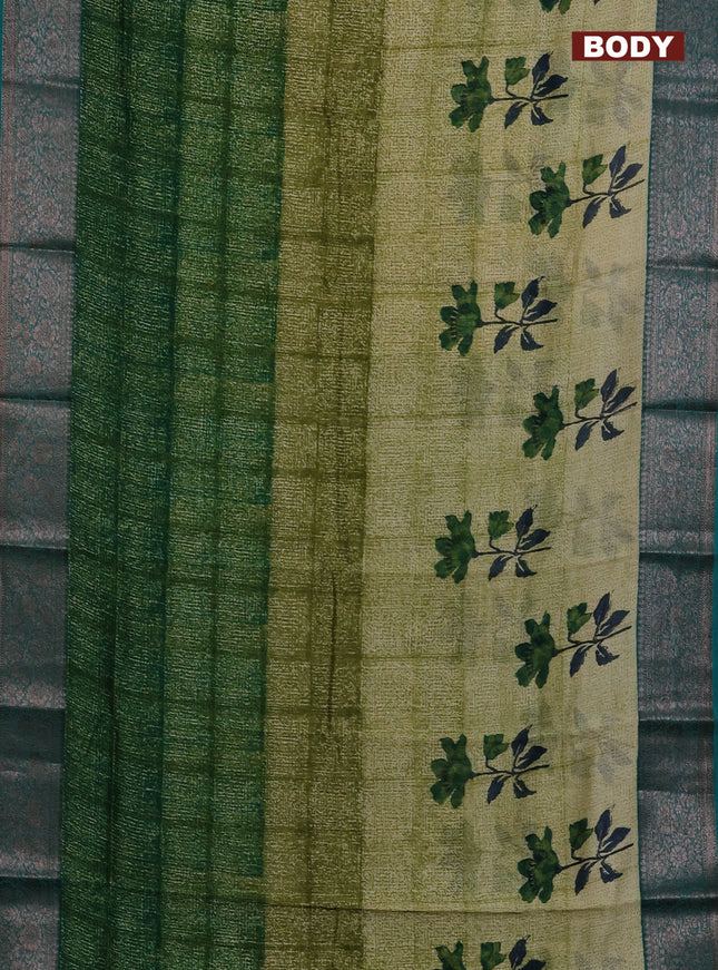Chanderi silk cotton saree sap green shade and teal blue witha allover prints and banarasi style border