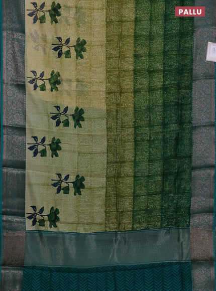 Chanderi silk cotton saree sap green shade and teal blue witha allover prints and banarasi style border