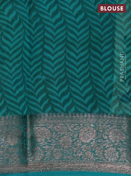 Chanderi silk cotton saree sap green shade and teal blue witha allover prints and banarasi style border