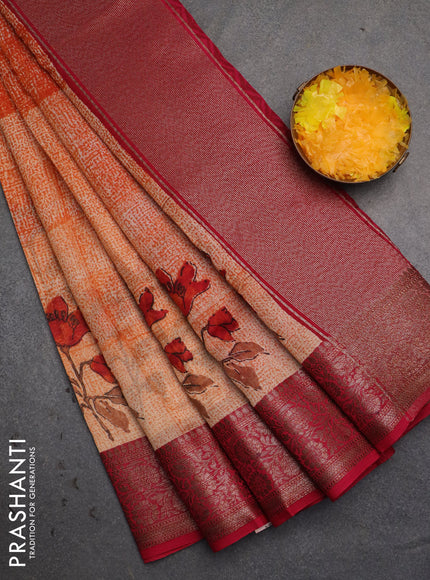 Chanderi silk cotton saree orange and dark pink witha allover prints and banarasi style border