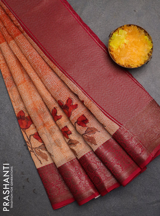 Chanderi silk cotton saree orange and dark pink witha allover prints and banarasi style border