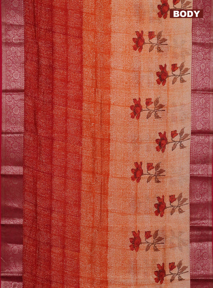 Chanderi silk cotton saree orange and dark pink witha allover prints and banarasi style border