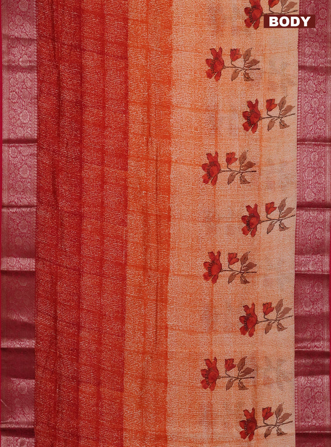 Chanderi silk cotton saree orange and dark pink witha allover prints and banarasi style border