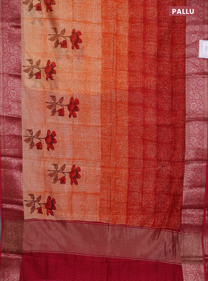 Chanderi silk cotton saree orange and dark pink witha allover prints and banarasi style border