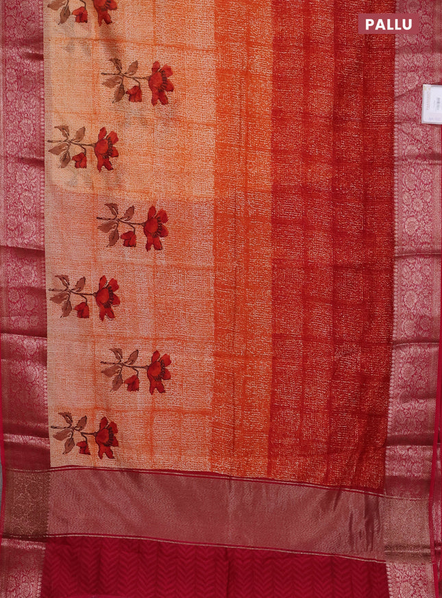Chanderi silk cotton saree orange and dark pink witha allover prints and banarasi style border