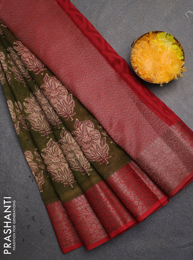 Chanderi silk cotton saree sap green and red witha allover floral butta prints and banarasi style border