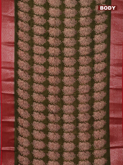 Chanderi silk cotton saree sap green and red witha allover floral butta prints and banarasi style border