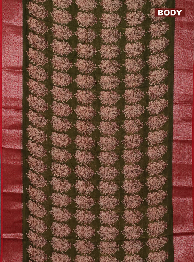 Chanderi silk cotton saree sap green and red witha allover floral butta prints and banarasi style border