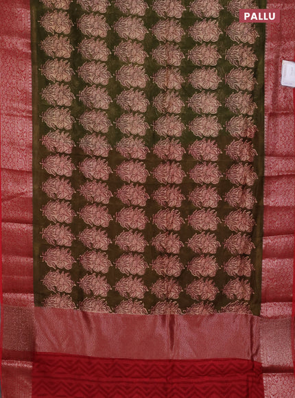 Chanderi silk cotton saree sap green and red witha allover floral butta prints and banarasi style border
