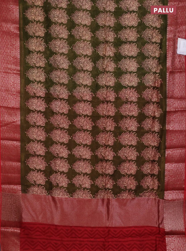 Chanderi silk cotton saree sap green and red witha allover floral butta prints and banarasi style border