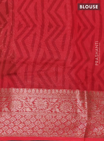 Chanderi silk cotton saree sap green and red witha allover floral butta prints and banarasi style border