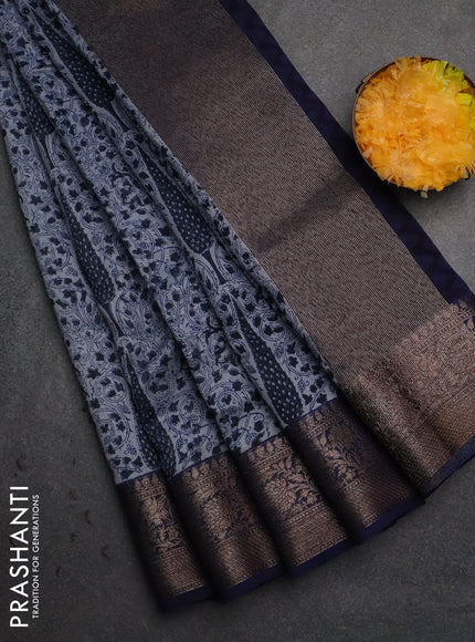 Chanderi silk cotton saree pastel blue and navy blue with allover prints and banarsi style border