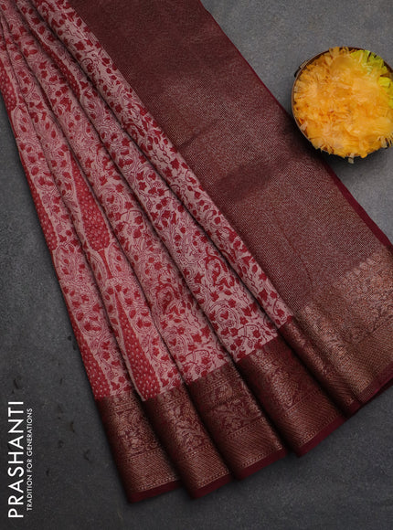 Chanderi silk cotton saree pastel peach shade and maroon with allover prints and banarsi style border