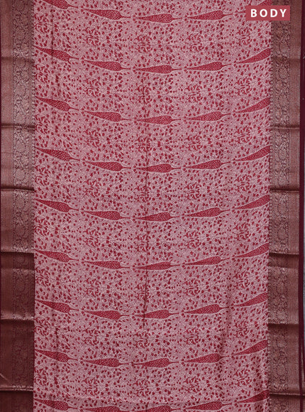 Chanderi silk cotton saree pastel peach shade and maroon with allover prints and banarsi style border