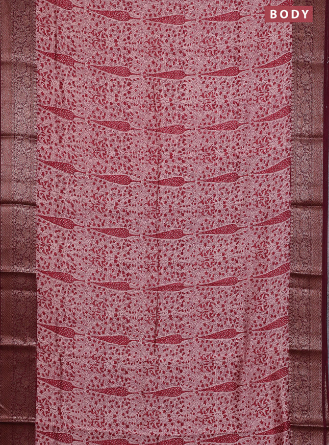 Chanderi silk cotton saree pastel peach shade and maroon with allover prints and banarsi style border
