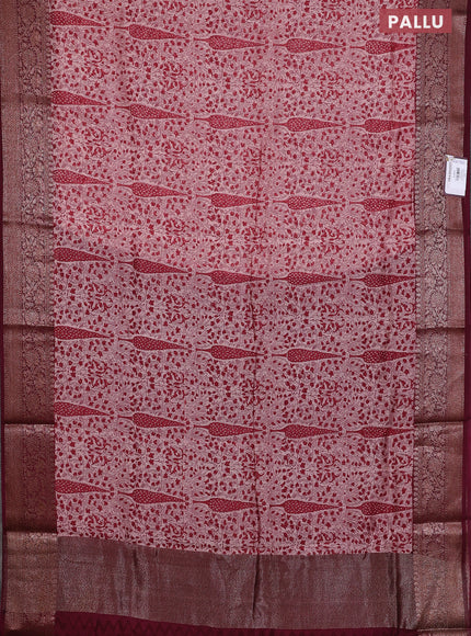 Chanderi silk cotton saree pastel peach shade and maroon with allover prints and banarsi style border