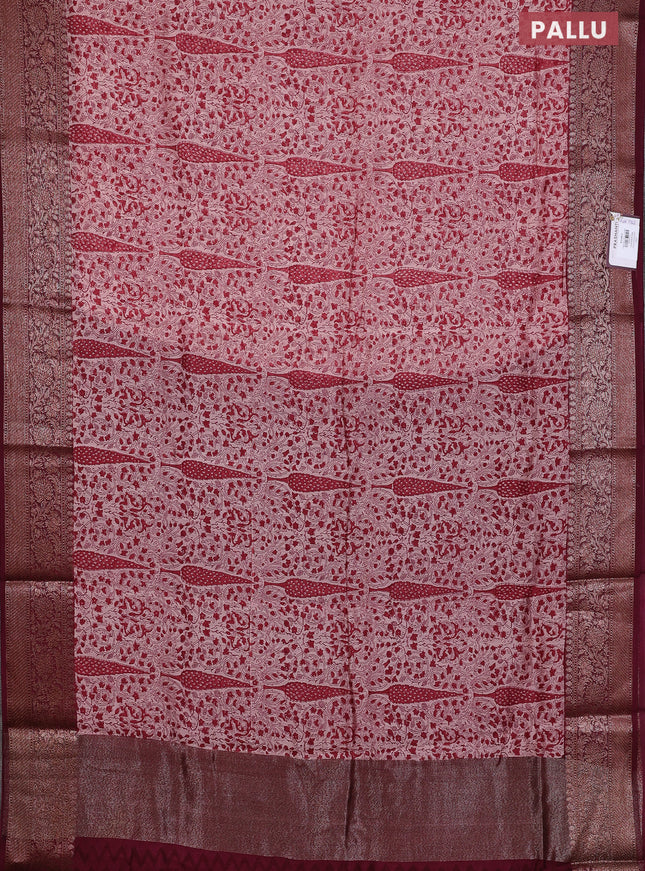 Chanderi silk cotton saree pastel peach shade and maroon with allover prints and banarsi style border