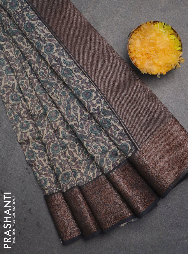 Chanderi silk cotton saree beige grey and elephnat grey with allover prints and banarsi style border