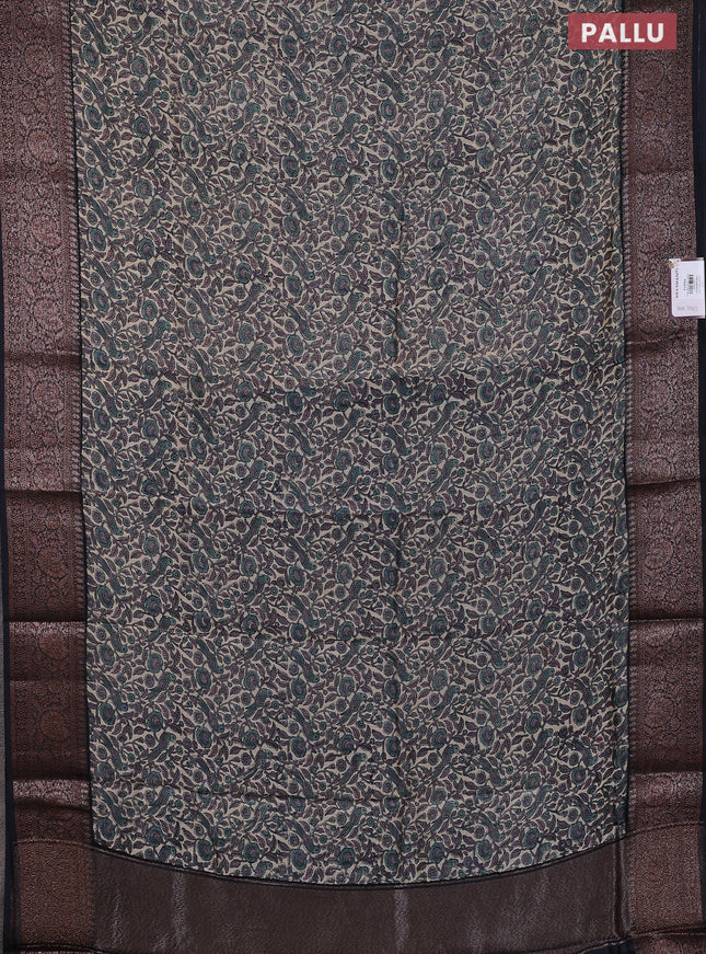 Chanderi silk cotton saree beige grey and elephnat grey with allover prints and banarsi style border