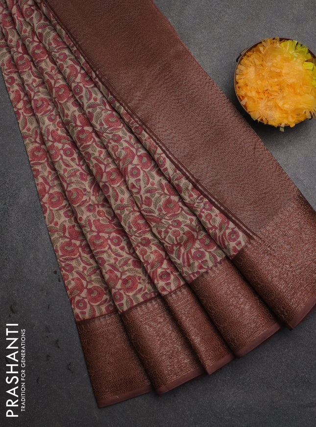 Chanderi silk cotton saree beige peach pink and pastel brown with allover prints and banarsi style border